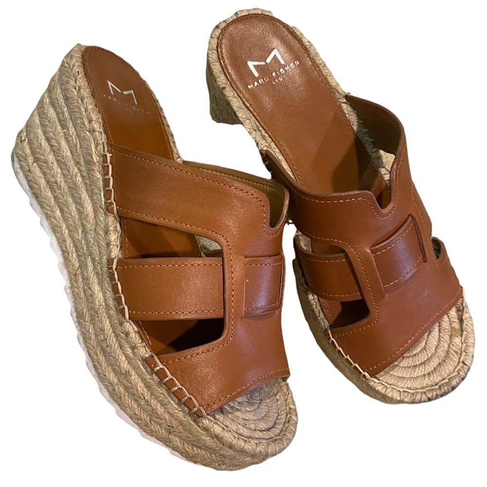 Marc Fisher Robbyn Espadrille Wedge Slip On Tan Sandal Leather Upper Size 6